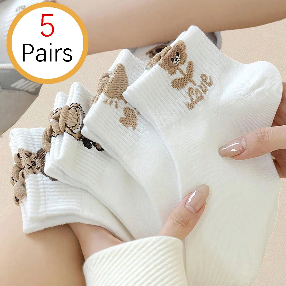 Cartoon Teddy Bear Ankle Socks – Breathable Cotton Casual Footwear for Women