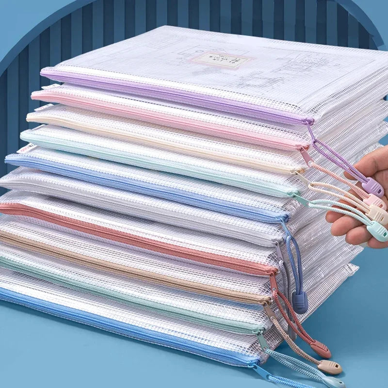 Clear Mesh Zipper Pouches – Waterproof A4/A5 Plastic Bags for Office Storage
