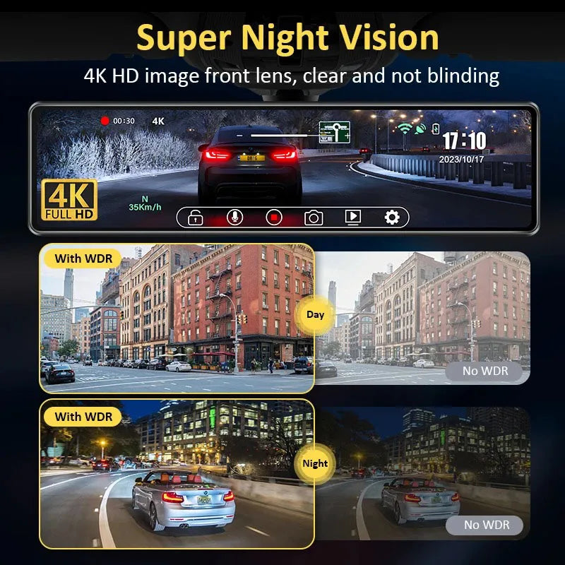 12-Inch 4K Mirror Dash Cam – Wireless CarPlay Android Auto for Car Navigation