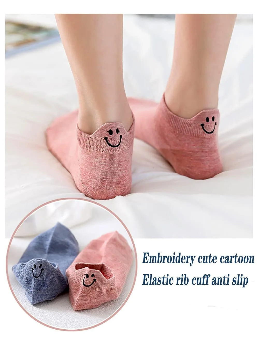 Embroidered Smiley Face Ankle Socks – Breathable Cotton for Casual Comfort