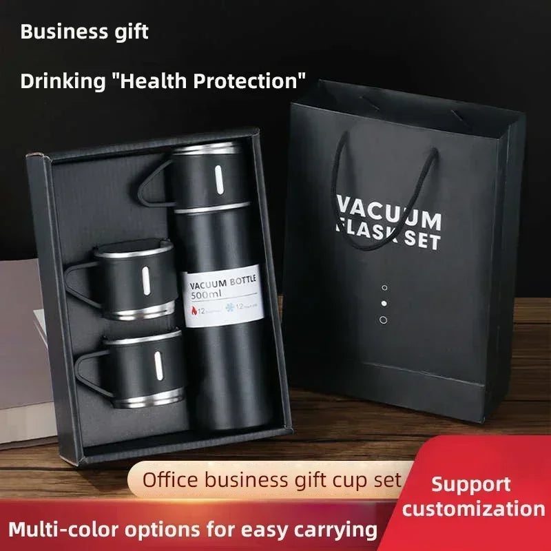 Black vacuum flask and cup gift set with gift bag, office business drinkware present