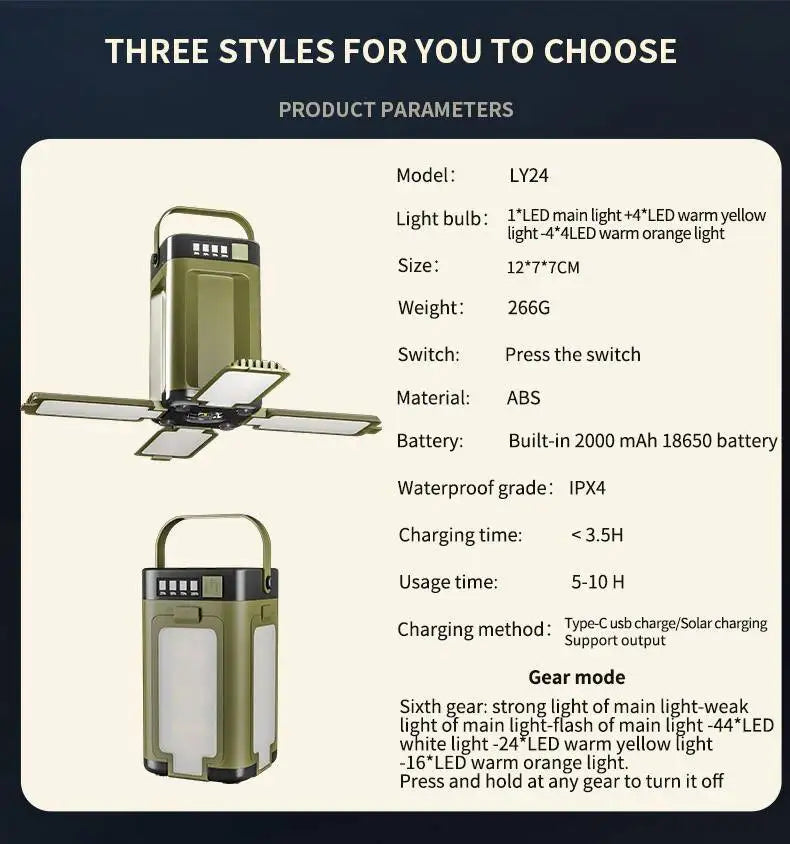 Foldable Solar Camping Light – 2000mAh Power Bank for Outdoor Hiking Tent