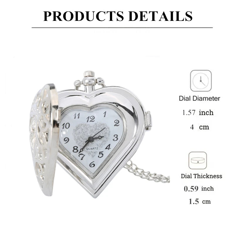 Silver Heart Pocket Watch Necklace – Exquisite Quartz Pendant for Women