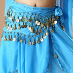 Blue belly dance hip scarf with gold coin accents and sheer fabric detail