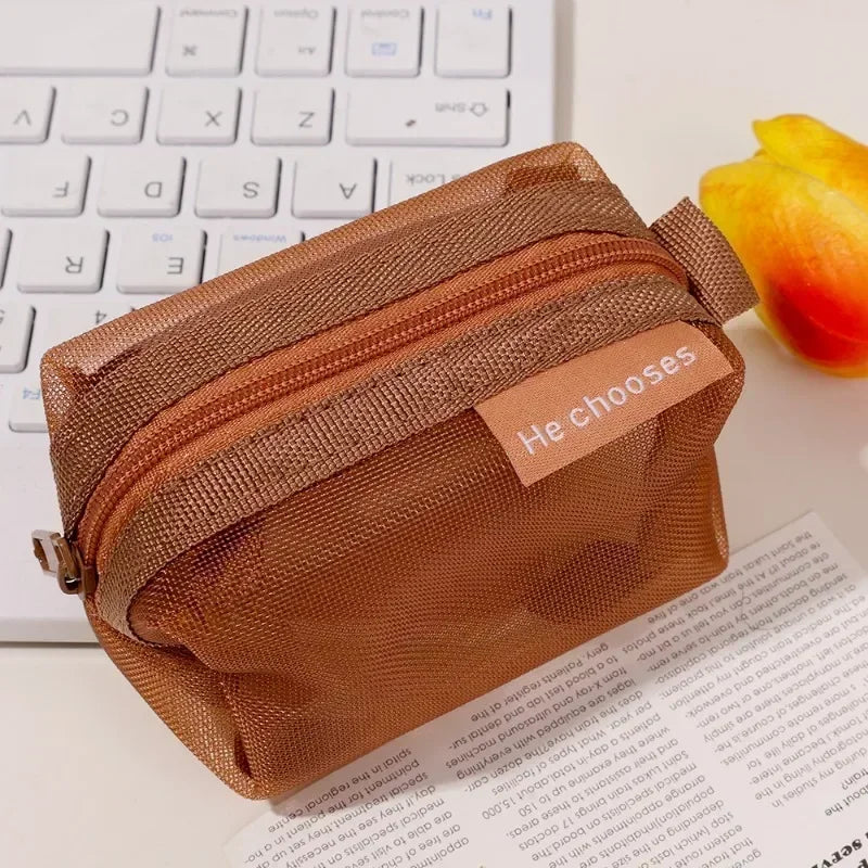 Transparent Mesh Zipper Pouch – Compact Organizer for Travel and Cables