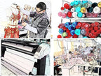 Four-panel collage showing fabric rolls, textile machinery, fashion design, and a sewing workshop.