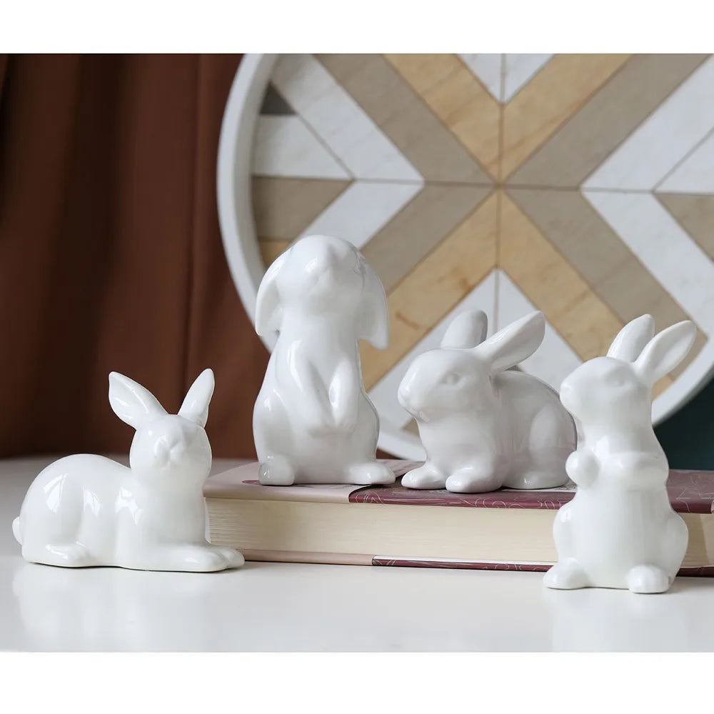 Ceramic Rabbit Figurine – White Porcelain Bunny Decor for Home Office