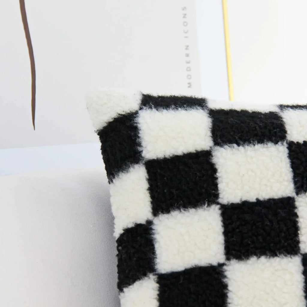 Black Faux Fur Throw Pillow Cover – Checked Wool Cushion for Sofa Decor
