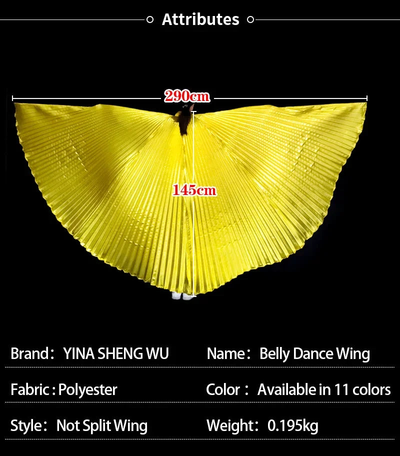 Yellow polyester belly dance wing with pleats, 290cm wide, 145cm tall, displayed open