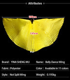Yellow polyester belly dance wing with pleats, 290cm wide, 145cm tall, displayed open