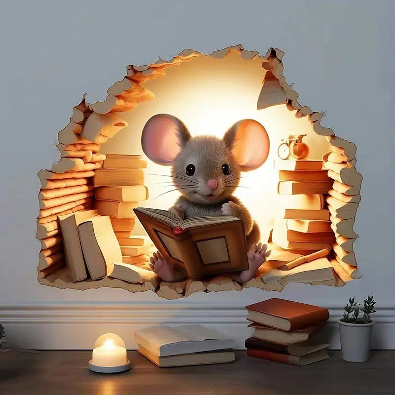 Mouse Hole Wall Sticker – Vinyl Book Lover Decal for Home Library Decor