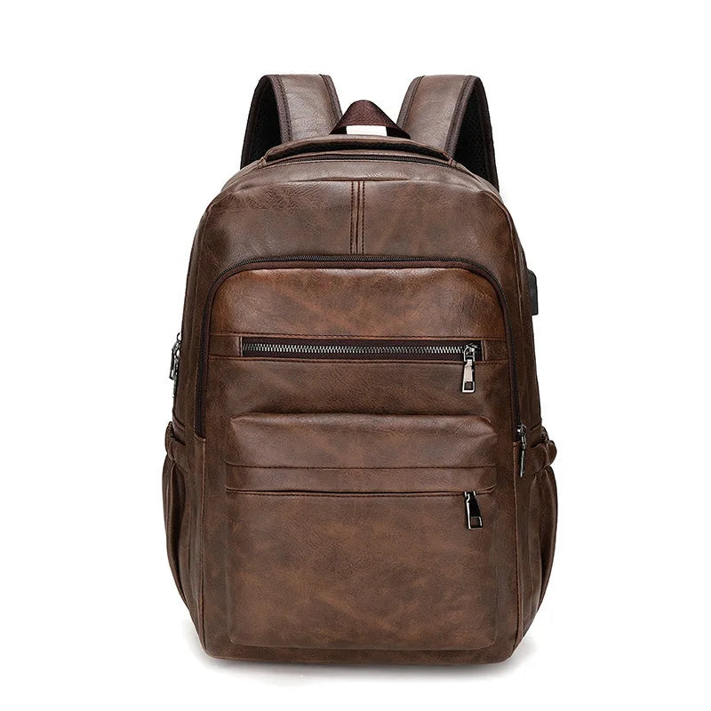PU Leather USB Charging Laptop Backpack – Large Travel Bag for Men and Students