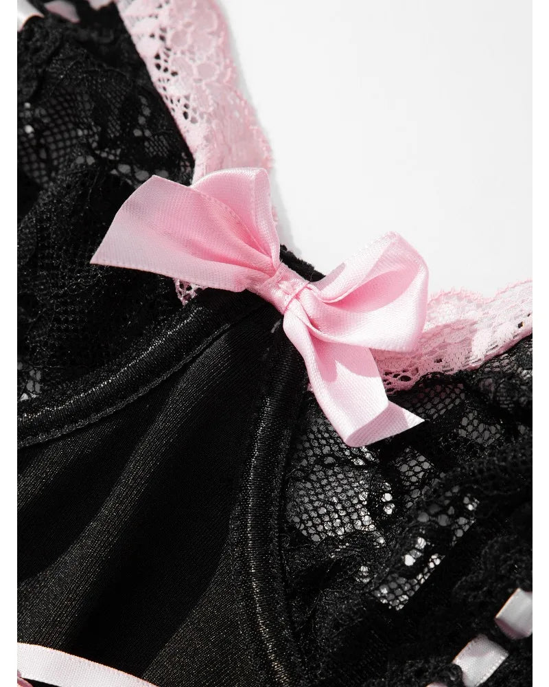 Pink Lace Bodysuit – Bow Knot Perspective Lingerie for Sexy Cosplay