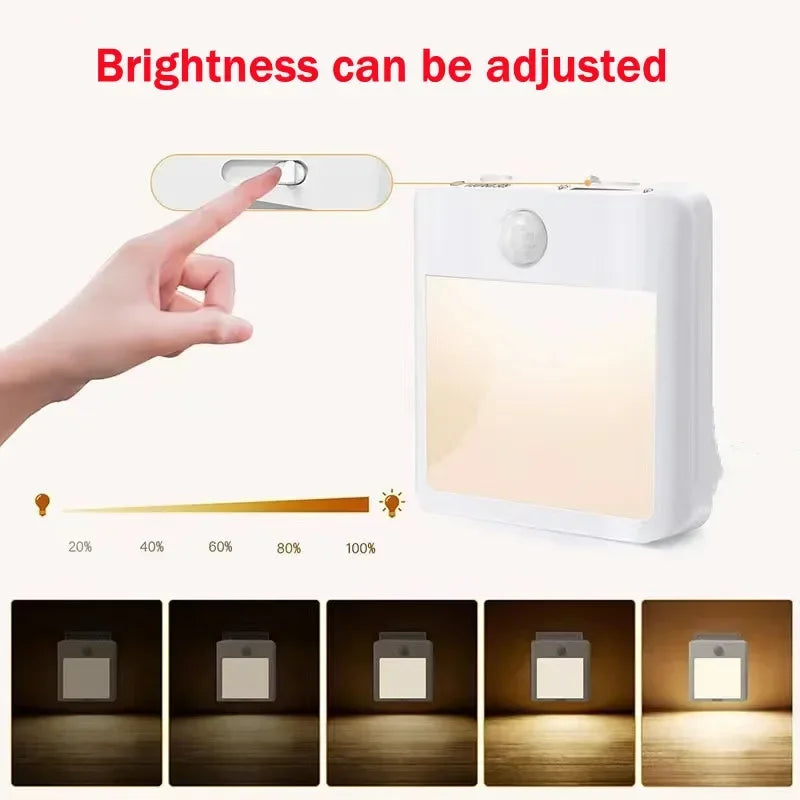 Motion Sensor LED Night Light – Dimmable EU Plug for Bedroom and Corridor