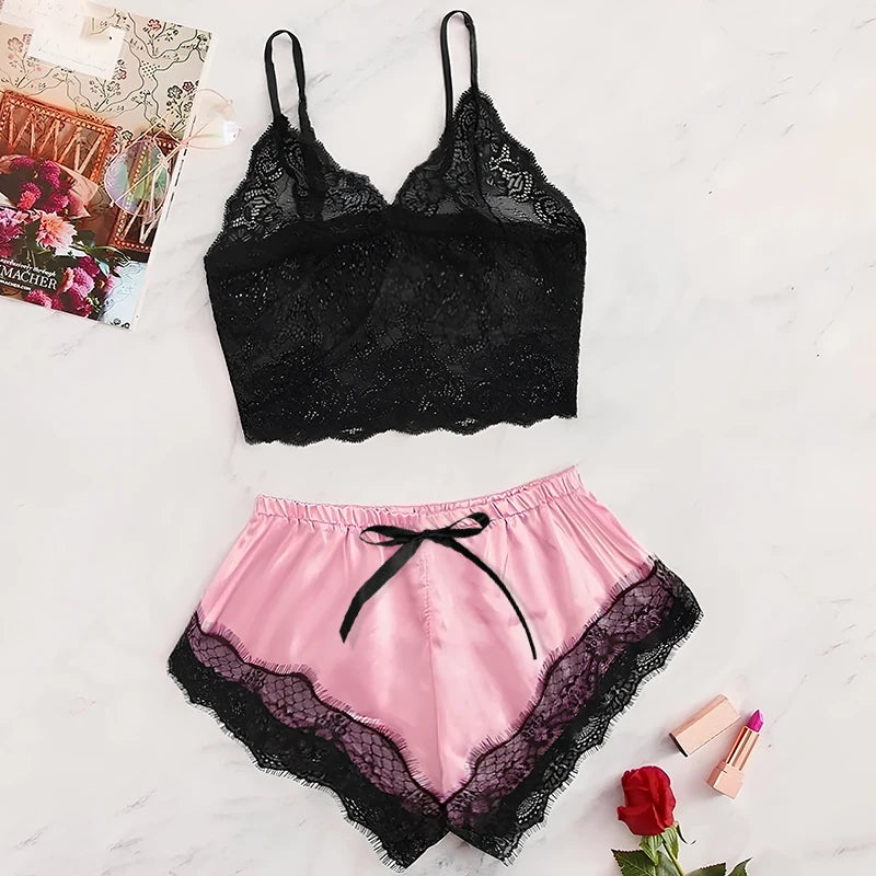 Lace See-Through Pajamas – Suspender Shorts Set for Women Summer Sleepwear