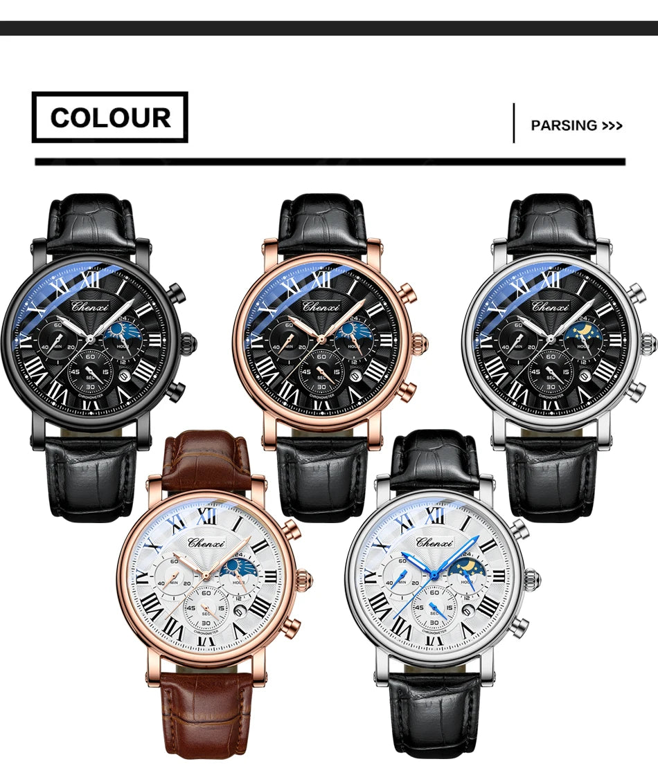 Leather Quartz Chronograph Watch – Men's Moon Phase Business Wristwatch
