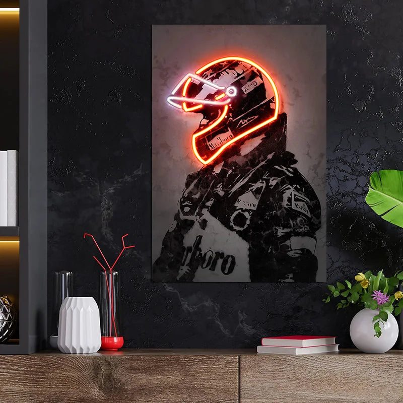 Ayrton Senna Racing Suit Wall Art – Abstract Neon Graffiti Canvas for Home Decor