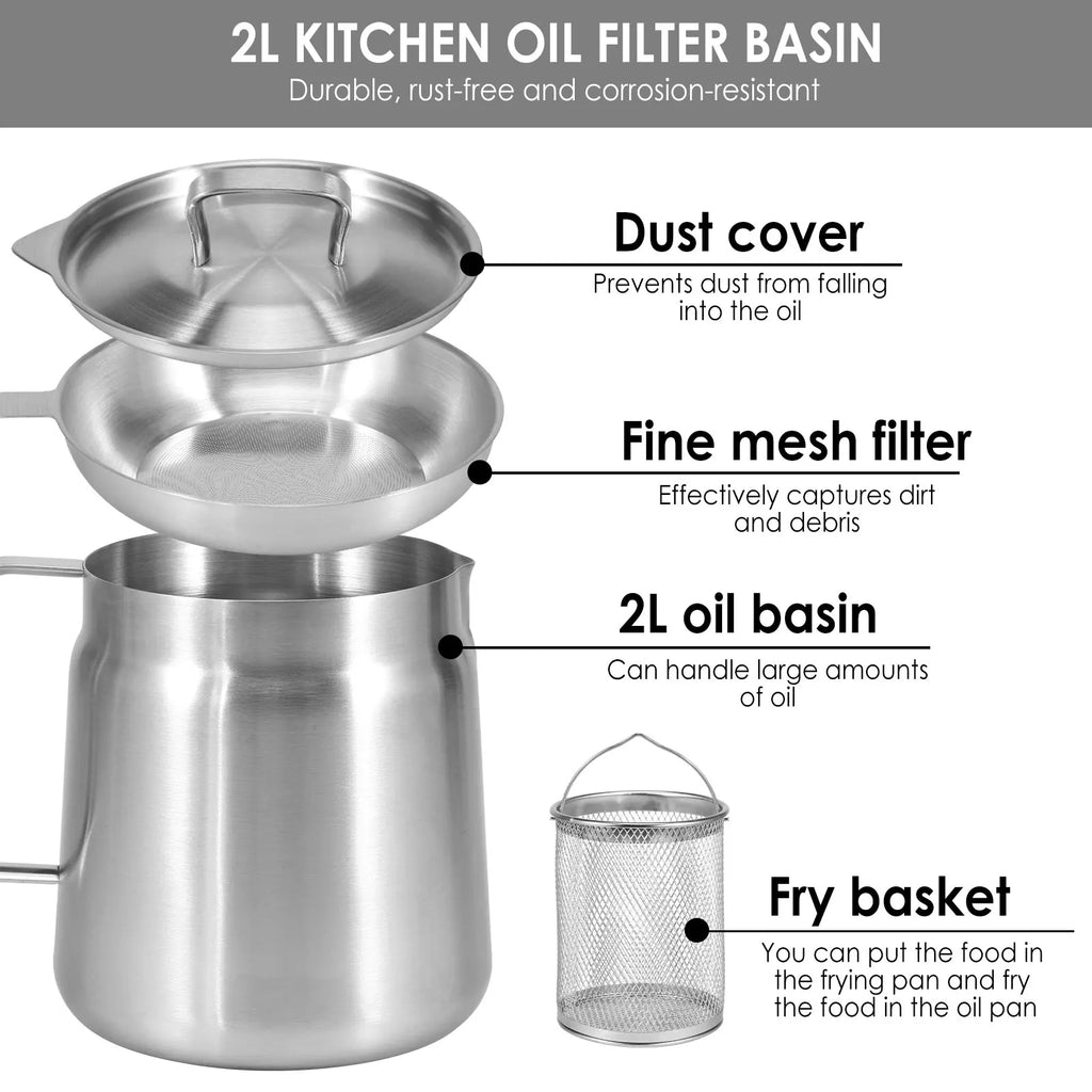 Stainless Steel Oil Strainer Pot – Fine Mesh Grease Container for Kitchen