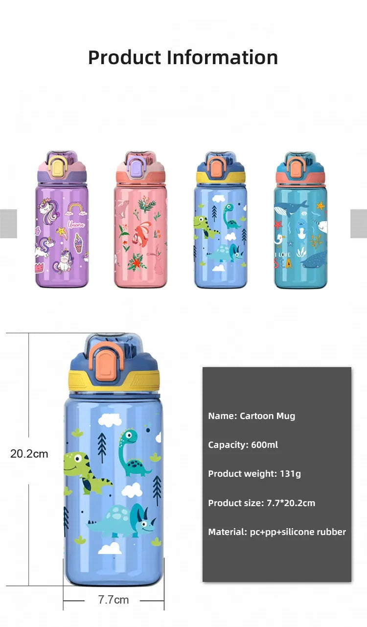 Dinosaur Plastic Water Bottle – 600ml Leakproof Sippy Cup for Kids