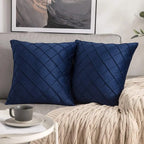 Navy Blue Velvet Plaid Cushion Cover – 45x45cm Throw Pillow for Home Decor