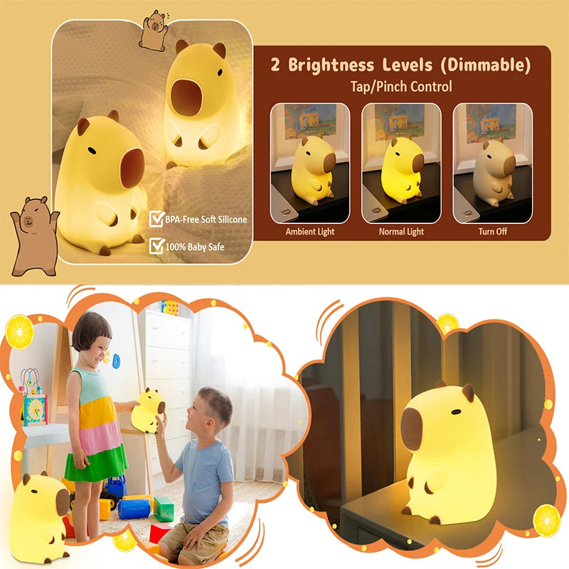 Silicone Capybara Night Light – Rechargeable Animal Bedside Lamp for Kids