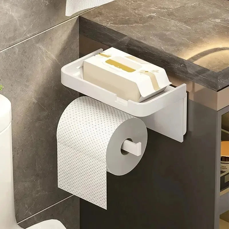 Wall Mounted Toilet Paper Holder – Plastic Storage Shelf for Bathroom