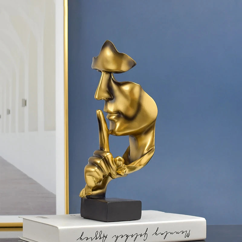 Abstract Thinker Resin Statue – Gold Silence Face Sculpture for Home Decor