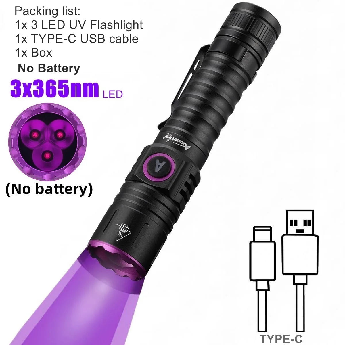 15W UV 365nm Blacklight Flashlight – Rechargeable Torch for Pet Urine Detection