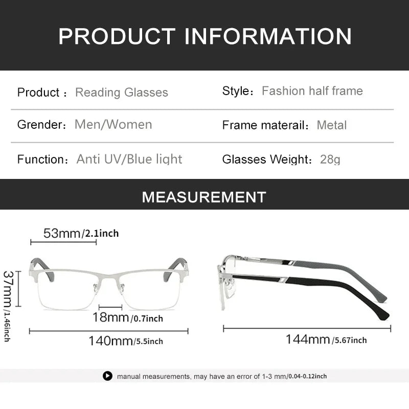 Metal Half-Frame Reading Glasses – Anti-Blue Light Eyewear for Business