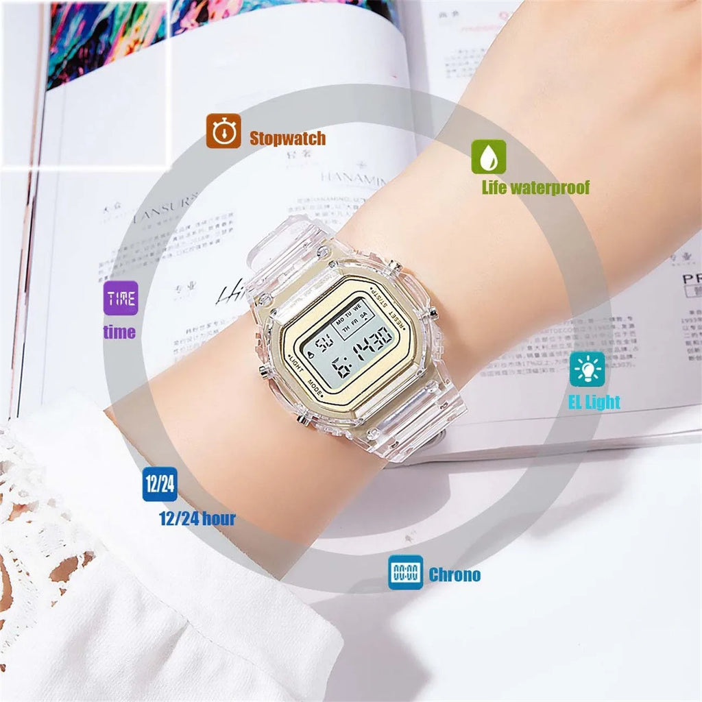 Transparent Digital Sport Wristwatch – Unisex Timepiece for Kids and Adults