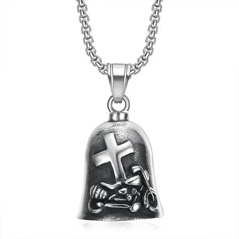 Vintage Jesus Cross Bell Pendant – Religious Biker Necklace for Men