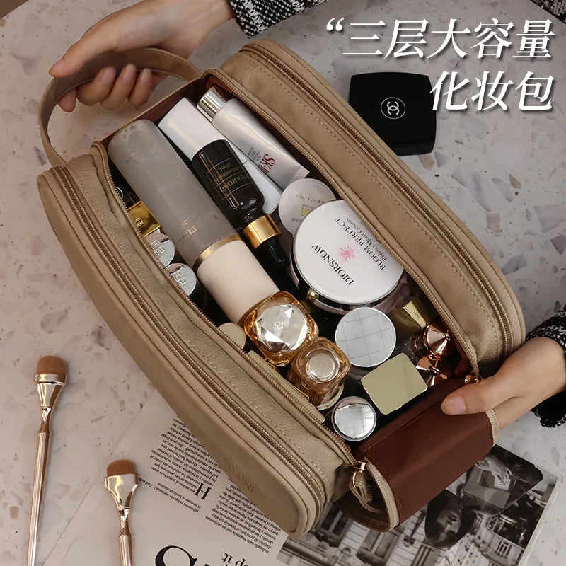 Large PU Leather Makeup Bag – Double Zipper Organizer for Travel Toiletries