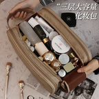 Large PU Leather Makeup Bag – Double Zipper Organizer for Travel Toiletries