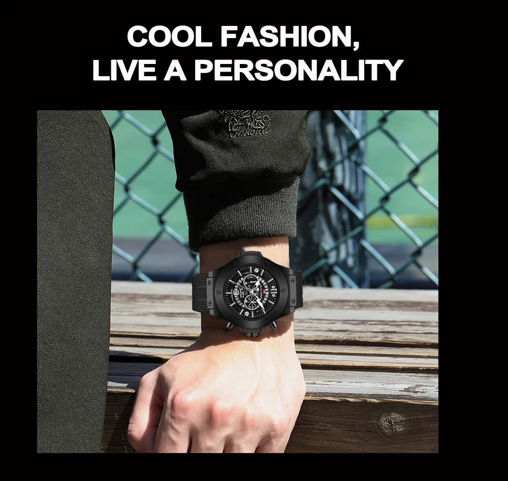 Mens Rose Gold Silicone Sports Watch – 46mm Hollow Dial for Daily Fashion