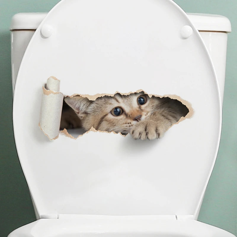 3D Peeping Kitten Toilet Sticker – Waterproof Decal for Bathroom Decor