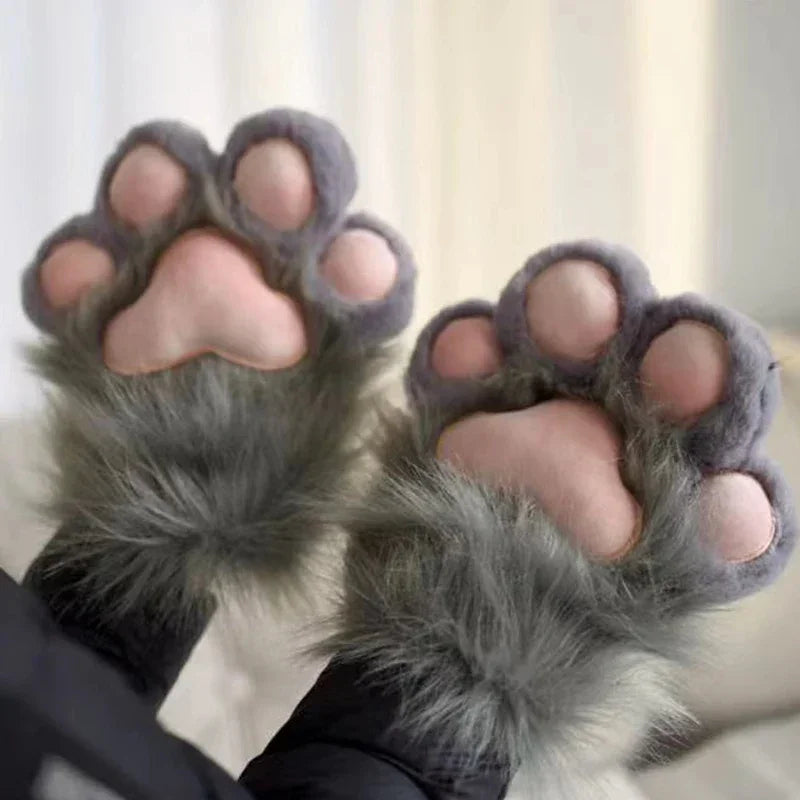 Gray plush animal paw gloves with pink pads, cozy home accessory