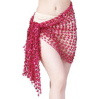 Pink sequin hip scarf with fringe, tied around hips, ideal for dance or beachwear fashion