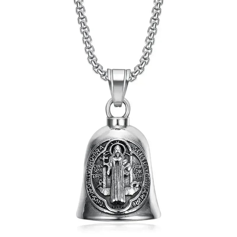 Vintage Jesus Cross Bell Pendant – Religious Biker Necklace for Men
