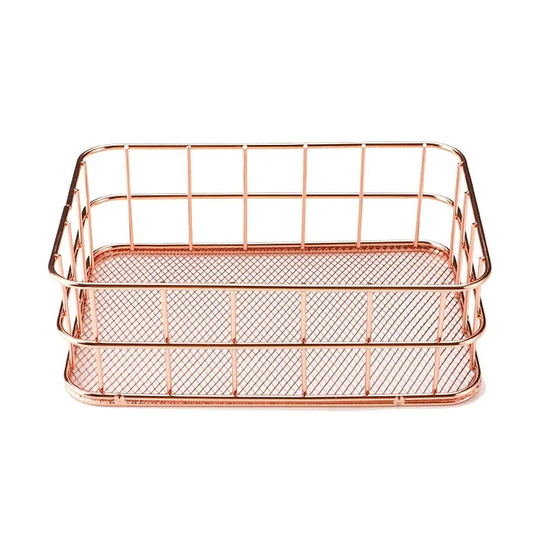 Gold Iron Storage Basket – Geometric Desktop Organizer for Makeup Brushes
