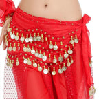 Red belly dance hip scarf with gold coin accents, sheer fabric, tied at the waist