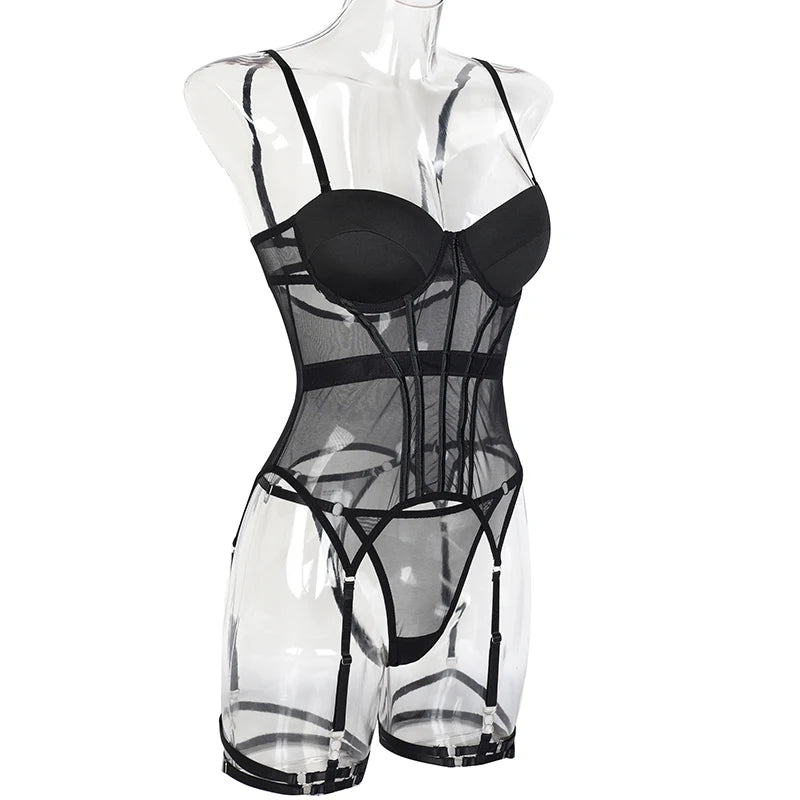 Mesh Lingerie Bodysuit Set – Backless Lace 3 Piece Lingerie for Women