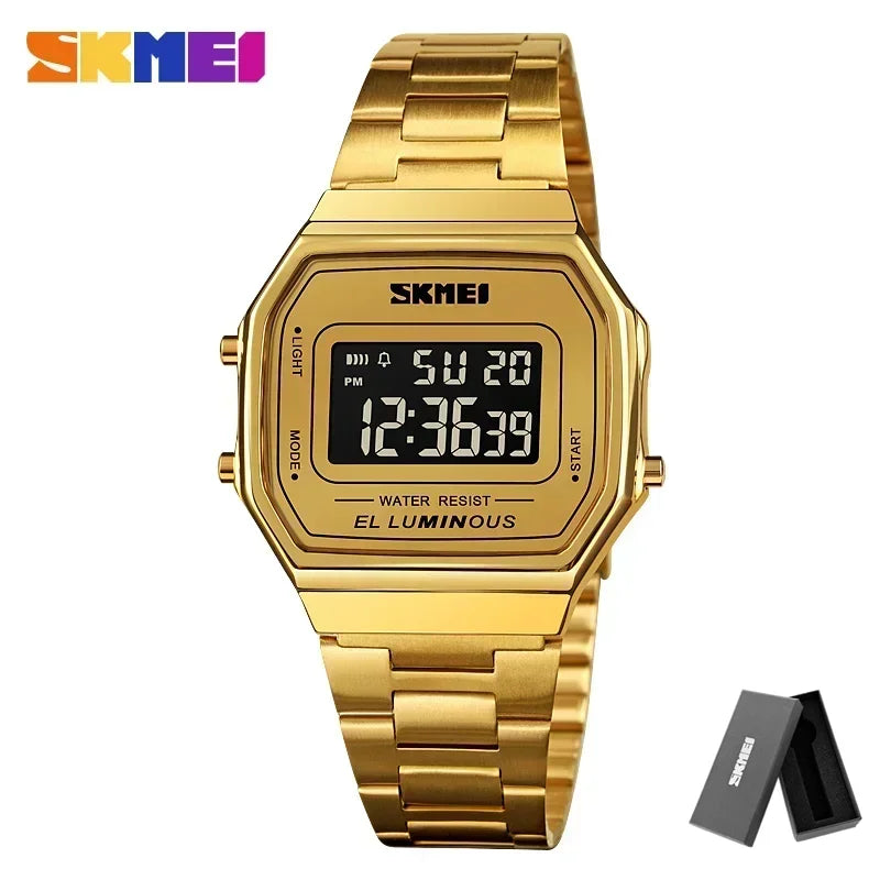Retro LED Digital Watch – Stainless Steel Wristwatch for Men