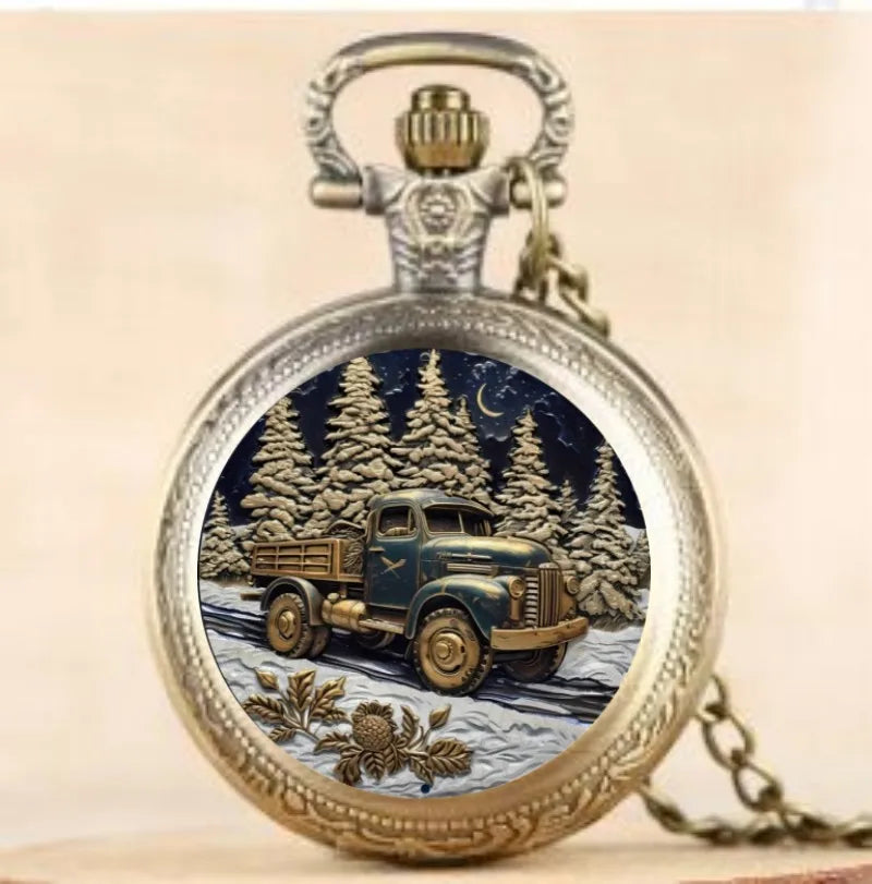 Forest Truck Quartz Pocket Watch – Vintage Necklace for Men Women and Kids