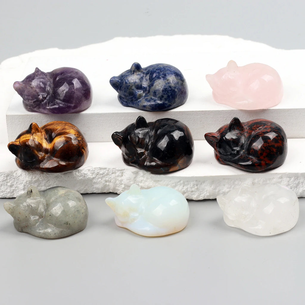 Carved Crystal Cat Figurine – Natural Stone Animal Statue for Home Decor