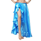 Shiny blue ruffle skirt with front slit, satin fabric, modeled on a white background