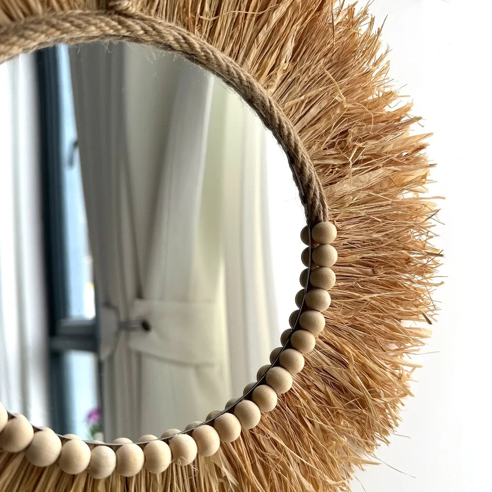 Raffia Wall Mirror – Boho Wood Bead Decor for Farmhouse Nursery