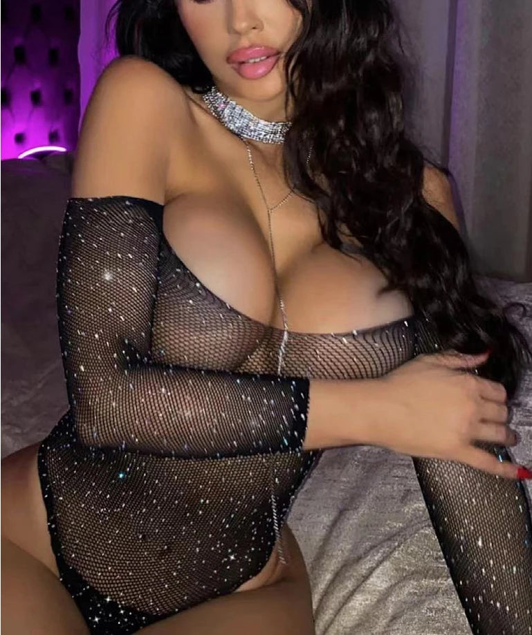 Crystal Diamante Bodysuit – Sexy Hollow Lingerie for Sleepwear