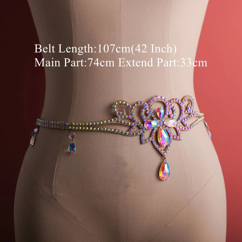 Holographic rhinestone waist chain belt with crystal pendant on mannequin, belly dance accessory