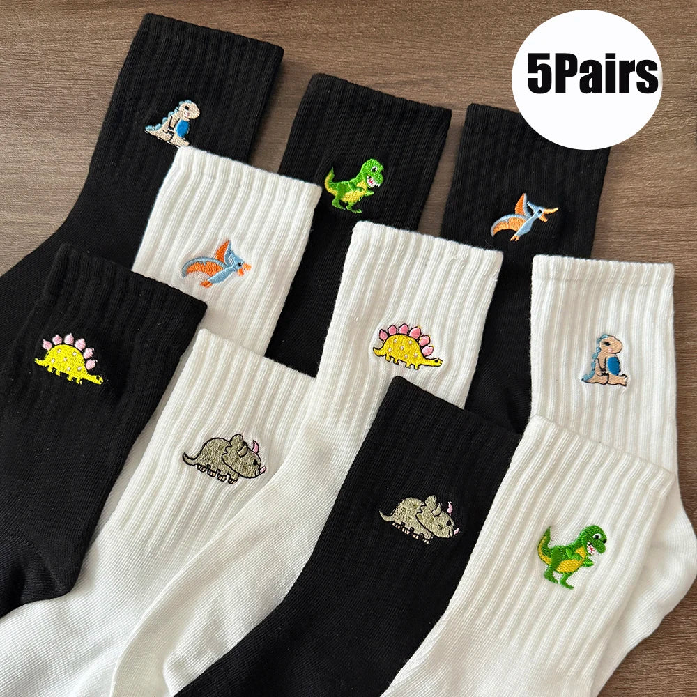 Embroidered Dinosaur Ankle Socks – Cute Cartoon Cotton Socks for Women