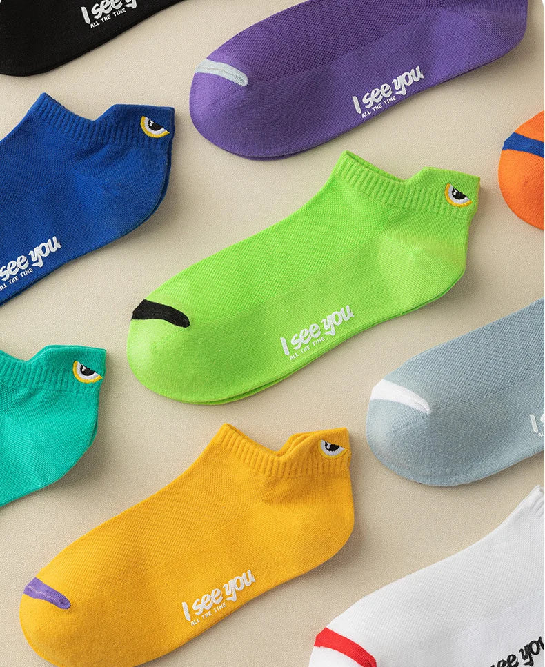Cartoon Eyes Mesh Ankle Socks – Breathable Embroidered Footwear for Men